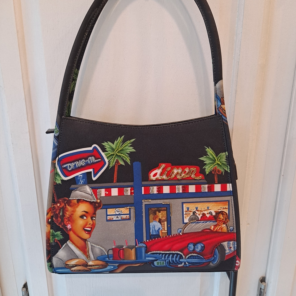 Vintage Inspired Scene Car Hop 50s Diner Print Canvas Novelty Retro Shoulder Bag